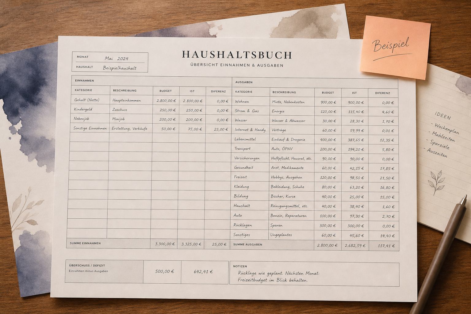 Gedrucktes Haushaltsblatt mit Euro-Beträgen auf dem Schreibtisch
