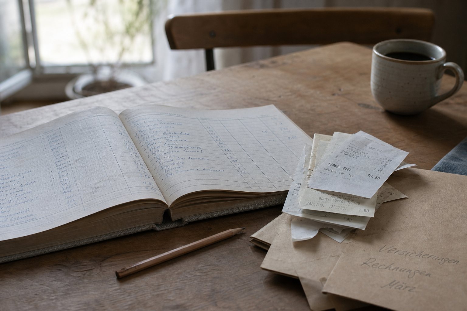 Offenes Haushaltsbuch mit Quittungen, Umschlägen und Bleistift auf dem Küchentisch