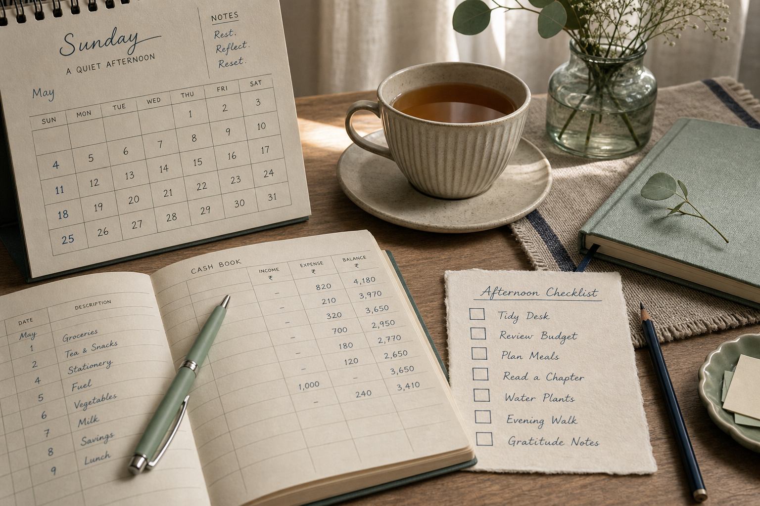 Sonntagsritual mit Kassenbuch, Stift und Checkliste